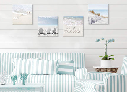 Coastal Beach Wall Art, Ocean Starfish Canvas Picture Set, 16x16 4 Panels