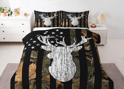 Camouflage Deer Comforter Set Twin Woodland Tree Botanical Camo Flag Bedding Set Hunting American Flag Comforter For Kids Boys Teen Men,Nature Conifer Oak Branches Leaf Quilt Duvet Black Brown 2 Pcs