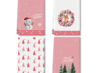 Hluvibbi Green Xmas Tree Snowman Reindeer Merry Christmas Kitchen Towels Dish Towels, 17x27 Inch Daily Seasonal Winter Decoration Hand Towels Set of 4,Pink Cute Farmhouse Home Decor