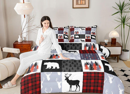 Teens Hunting Moose Deer Comforter Set,Christmas Bear Trees Vines Patchwork