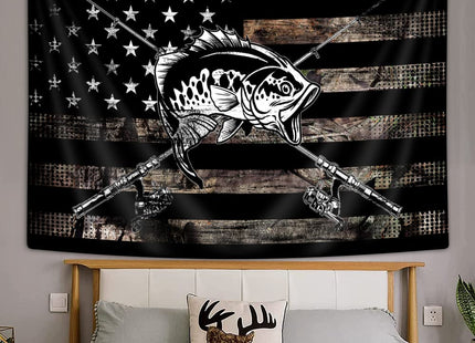 Country American Flag Fishing Tapestry, Rustic Hunting Camo Bass Fish Lake Black and White Tapestry Wall Hanging for Men Bedroom, Cabin Tapestries Poster Blanket College Dorm Home Decor 60X40inches