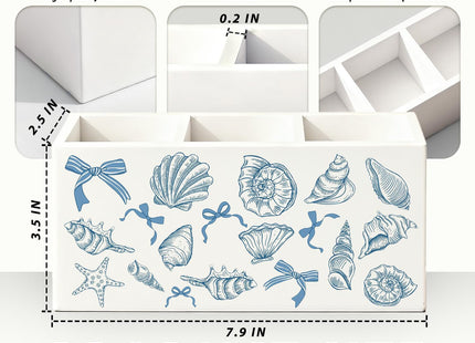 LIANGW Blue Preppy Beach Pen Pencil Holder for Desk, Beach Office Decor, Coquette Blue Bow Coastal Seashell Beachy Wooden Box Sign Decorations for Girly Room Bedroom Dorm Office Desk Tabletop