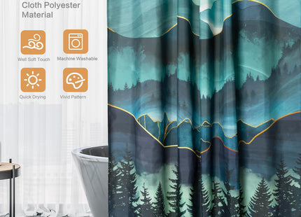 Lokigo Teal Misty Mountains Shower Curtain Woodland Pine Tree, 72"x72"
