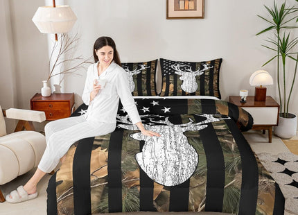 Camouflage Deer Comforter Set Twin Woodland Tree Botanical Camo Flag Bedding Set Hunting American Flag Comforter For Kids Boys Teen Men,Nature Conifer Oak Branches Leaf Quilt Duvet Black Brown 2 Pcs
