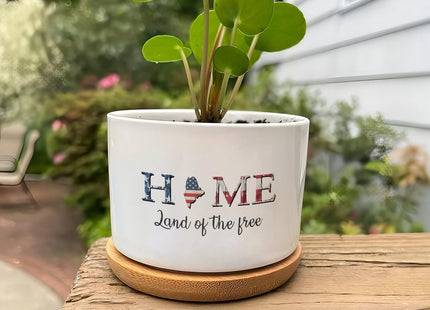 DreamAutumn Home Land of The Free Maine Planter Ceramic Round Plant Pots with Drainage Holes and Bamboo Tray Planting Small Flower Pots for Home Windowsill Desk Garden Indoor Outdoor Use