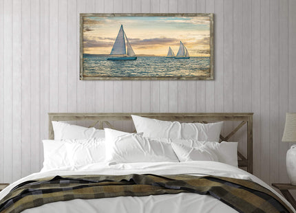 Ocean Framed Wooden Wall Art: Coastal Painting Art 40"x20" Sail Boats Artwork Decor Sunset Seascape Picture Prints for Office