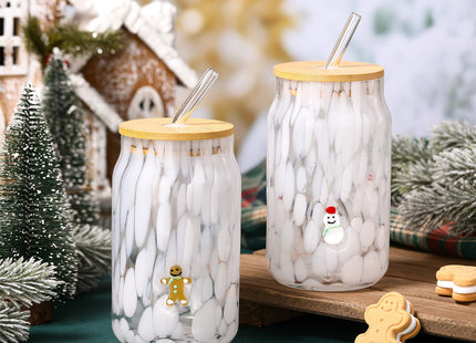 Potchen 2pcs Gingerbread Snowman Christmas Glass Cup 16.9 oz with Lid Straw