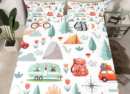 Kids Camper Car Bed Sheets Set King 4Pcs, Happy Camping Sheet Set, Travel Car Rv Accessories Sheets, Woodland Flowers Blossom Mountain Adventure Bed Set, Cute Camper Flat Fitted Sheet Bedroom Decor