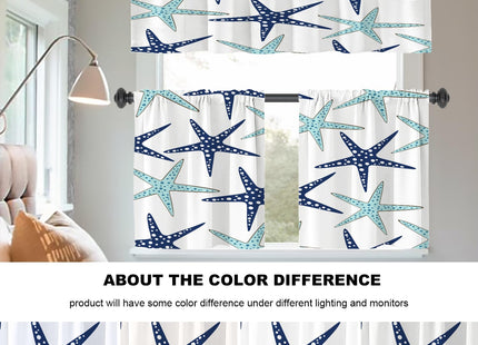 BaoNews Nautical Navy Blue Coastal Blackout Tier Curtains, Navy Blue Coastal Nautical Starfish Repeat Pattern Half Window Drapes for Kitchen with Rod Pocket,Room Darkening 2 Pack 26X24 Inches