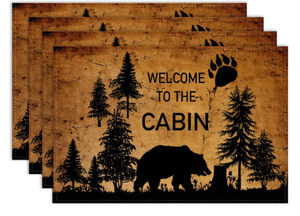 Rustic Bear Placemats Set of 4, Farmhouse Cabin Lodge Table Mats 12x18 Inch