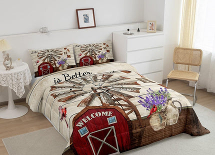 Erosebridal Western Farmhouse Quilt Bedding Sets Full Country Rustic Comforter Set for Cabin Lodge Cardinal Barn Lavender Windmill Duvet Insert Pastoral Rural Comforter 2 Pillow Cases Home Room Decor