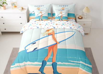 Erosebridal Coastal Cowgirl Twin Bedding Set 7 Piece for Girls,Surfing Surfer Girl Comforter Set with Sheets for Kids Teen,Ocean Surf Surfboard Bed in a Bag,Western Cowgirl Fitted Flat Sheet