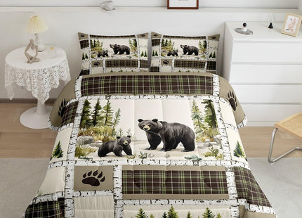 Rustic Lodge Bear Queen Comforter Set with Retro Buffalo Check Plaid Patchwork Quilt for Country Cabin Decor, Hunting Wild Animal Duvet Insert and Bedding with 2 Pillowcases