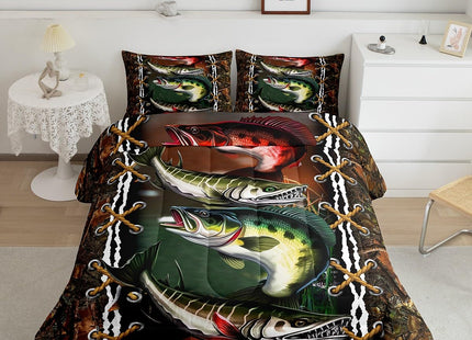 Erosebridal Big Pike Fish Comforter Set Twin Size Hunting and Fishing Themed Bedding Boys Girls Bass Big Fish Bedding Comforter Sets Rustic Farmstyle Duvet Insert Bass Fish Quilt Gifts Adult