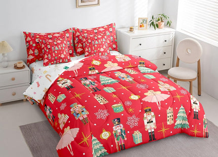 Erosebridal 7Pcs Red Christmas Comforter Set Twin Size,Christmas Nutcracker Bedding Set,Girly Dreamy Princess Bed in A Bag,Xmas Pine Tree Snowflake Quilt with Flat Fitted Sheet,Red