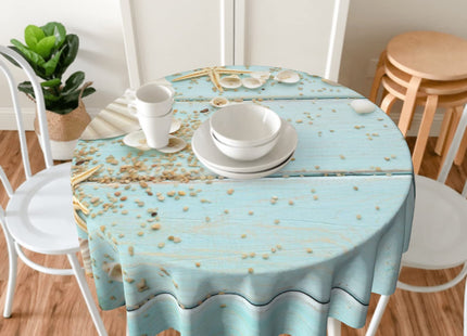 Giwawa Seashell Round Tablecloth, Summer Ocean Starfish on Blue Wooden Board Print, Coastal Beach Sand Circular Table Cover 60 Inch for Dining Kitchen Outdoor Parties Decor, Wrinkle Resistant Washable