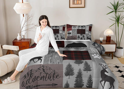Castle Fairy Black Bear Comforter Set Twin,Hunting and Adventure Bedding Set Wild Deer Animal Quilt Set for Kids Teens Adults Room Decor Rustic Cabin Plaid Duvet Insert with 1 Pillowcase Grey and Red
