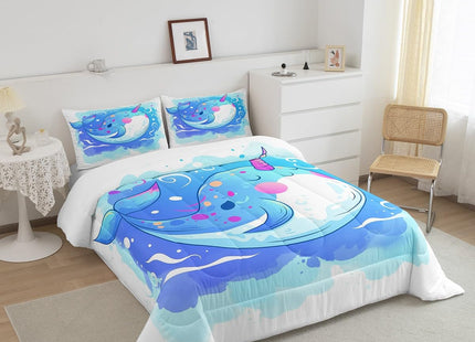 Cute Narwhal Comforter Set Twin for Kids Youth,Ranibow Unicorn Bedding Set Gifts for Girls,Cartoon Ocean Whale Duvet Insert Blue Tie Dye Quilt Nautical Ocean Themed Bedroom Decor,Breathable Cozy