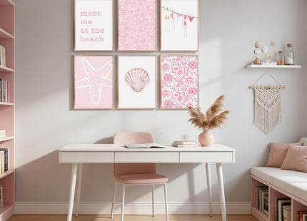 Pink Beach Wall Art Preppy Coastal Canvas Wall Decor Summer Aesthetic Pictures Girl Beachy Granddaughter Posters Ocean Shell Starfish Art Prints for Girl Room Bedroom 8x10 Inch Unframed Set of 6