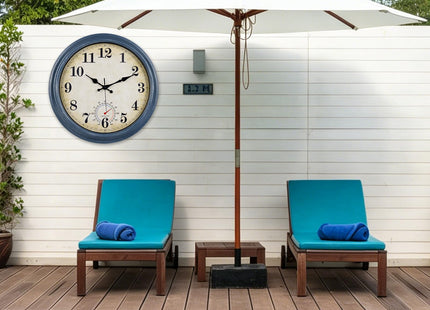 Horizent Large Outdoor Clocks Waterproof with Thermometer Combo Rustic Coastal Wall Clock Decor for Bathroom Patio Pool (16 Inch,Blue)