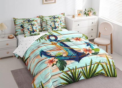 Erosebridal Boat Anchor Bed in a Bag Queen Comforter Set 7 Piece,Nautical Rope Bedding Sets Palm Leaves Flowers Sheet Set with Comforter