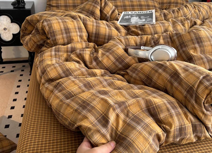 CCoutueChen Brown Gingham Comforter Set Full Size, Tan Plaid Checked Bedding Set, Cabin Lodge Ultra Soft Lightweight Comforter, 3 Pieces, 79 * 90