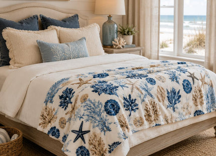 Ocean Coastal Shells Throw Blanket, Nautical Blues Beige on White, 50x70