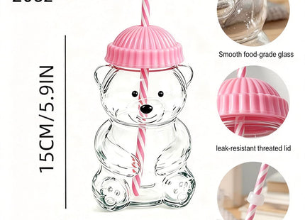 Glass Bear Cup, Bear Straw Cup, Glass Cups with Lids and Straws,Back to School Cute Mugs Bear Sippy Cups Coffee Beer Wine Cocktail Drinks Glassware for Christmas Gift,20 oz (pink)