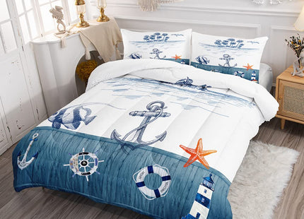 Blue Ocean Coral Comforter Set Twin, Seashell Sailboat 2 Pillowcases