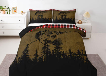 Erosebridal Ocean Animal Comforter Queen Bass Fish Silhouette Bedding Set, Fishing Duvet Insert Brown and Black Quilt Sets, Red Grid Lattice Bedding Comforters & Sets Wildlife Room Decorative 3 Pieces