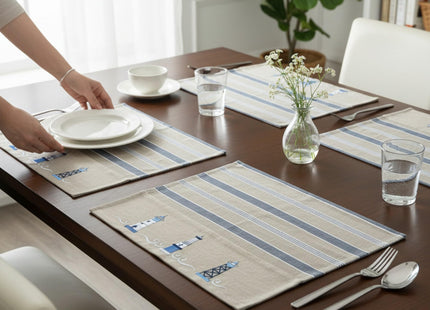 Nautical Placemats – Set of 4 –– Cotton Decorative Embroidered Design - Natural, Navy Blue and White (Lighthouse)