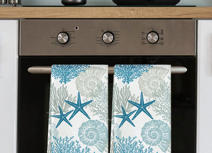 AnyDesign Ocean Theme Kitchen Dish Towel Beach Seashell Coral Starfish Hand Dying Towel Sea Creature Tea Towels for Cooking Baking Kitchen Accessories, Set of 2, 18 x 28 Inch
