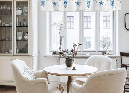 Blue Coastal Curtain Valances for Windows, Eucalyptus Leaf Kitchen Valance Window Treatment, Spring Beach Starfish Light Filtering Block Curtains for Bathroom/Bedroom/Living Room 54'' x 18''