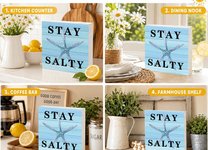 Stay Salty Wood Box Sign for Beach House Decor and Beach Lovers, Coastal Summer Starfish Tabletop Decoration for Home Office Bathroom Shelf Desk, Ocean Theme Gift