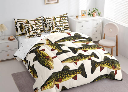 Feelyou Pike Fish Comforter Set 7 Pieces Twin Size Fishing and Hunting Bedding Set for Kids Boys Girls Rustic Cabin Country Bed in a Bag with Comforter + Sheets + Pillowcases + Cushion Covers