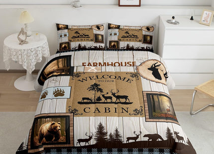 Rustic Cabin Bedding Sets Twin,Woodland Wildlife Bear Moose Deer Comforter Set for Men Boys Adults,Farmhouse Country Western Wooden Quilt,Patchwork Blue Brown Buffalo Plaid Duvet Insert,Microfibre