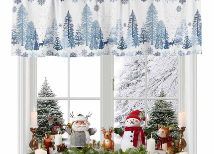 Christmas Curtain Valance for Windows Blue Snowflake Winter White Rod Pocket Valance Window Treatments Reindeer Elk Forest Short Curtains for Kitchen Windows Bathroom Bedroom 42x12in
