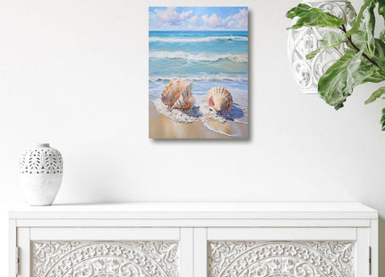 daktenn Beach Picture Decor Ocean Painting Canvas Wall Art Prints of Seashell on Sandy Seaside Coastal Seashell Conch Wall Art for Living Room Wall Decor Bathroom Wall Art 12"x16"