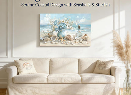 Blue Ocean Beach Bathroom Canvas Wall Art Seaside Seashell Painting Picture Wall Decor Starfish with White Flower Coastal Poster Print Artwork for Living Room Bedroom Bathroom Decor 12x16 in Canvas
