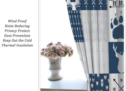 INSFBRB Rustic Deer Bear Blackout Curtains,Retro Cabin Hunting Theme Forest Wildlife Blue Plaid Check Window Drapes - Thermal Insulated and Noise Reduction,2 Panels 45L x 21W Room Darkening Curtains