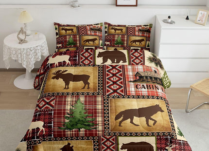 Erosebridal Rustic Southwestern Bedding Sets Twin Buffalo Plaid Aztec Comforter Set Woodland Bear Deer Moose Wolf Comforter for Adults Men Boys Retro Western Farmhouse Hunting Quilt Duvet 2 Pcs