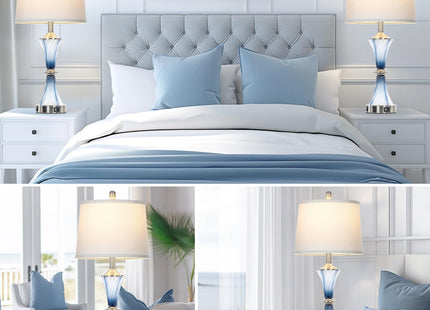 Rinweey Blue Glass Table Lamp Set of 2 with USB C+A Ports & AC Outlet, Bedside Lamp, Modern Bedroom Lamps, Coastal Lamp for Night Stands Bedroom Living Room,Nightstand Lamp LED Bulbs Included