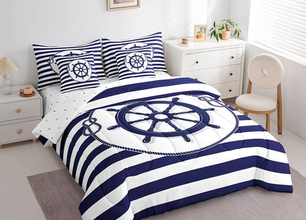 Erosebridal Steering Wheel Compass Comforter Set 7 Piece Bed in a Bag Twin,Blue White Stripes Bedding Sets Nautical Rope Knot Sheet Set with Comforter