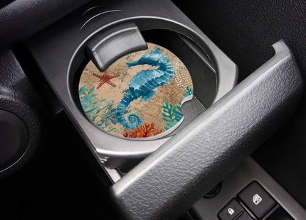 Small Coasters for Cup Holders - Absorbent 2.65" Ceramic Stone Drink Auto Coasters 2 Pack - Nautical Seahorse Design