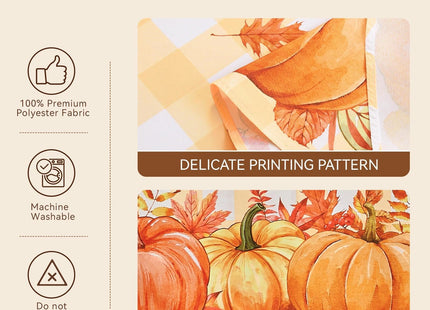 Softalker Fall Tablecloth Round, Orange Buffalo Plaid with Pumpkins