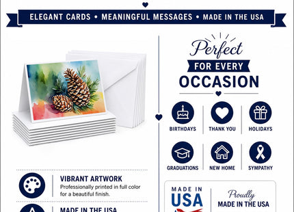 Caroline's Treasures DAC1665GCA7P Maine White Pine Cone and Tassels in Watercolor Greeting Cards and Envelopes Pack of 8 Blank Cards with Envelopes Whimsical A7 Size 5x7 Blank Greeting Cards