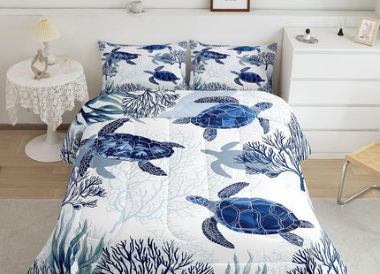 Erosebridal Turtle Comforter Set Twin White Blue Sea Turtle Bedding Set for Kids,Reptile Coastal Tortoise Quilt Hawaiian Ocean Beach Theme Comforter for Boys Girls Room