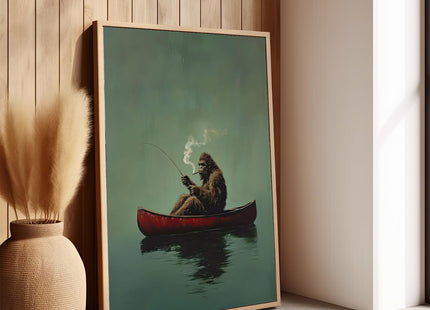 Sasquatch Canvas Wall Art Vintage Fishing Boat Wall Art Fun Bigfoot Painting In Red Canoe On Bigfoot Fishing Poster Canvas Living Room Bathroom Bedroom Print 16x24 Inch Unframed