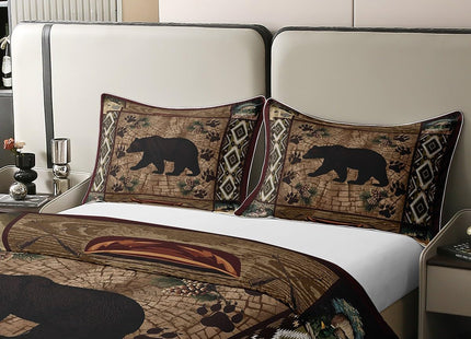 100% Natural Cotton Lodge Cabin Duvet Cover Queen,Wild Bear Animal Silhouette Bedding Set (Not Comforter) for Country Room Decor,Bohemian Pattern Wooden Print Bedspread Cover with Zipper Closure