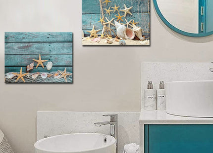Biuteawal- 3 Piece Canvas Wall Art Starfish Shell on Teal Board Painting Prints Beach Nature Picture Canvas Artwork for Home Kitchen Bathroom Living Room Wall Decor Ready to Hang